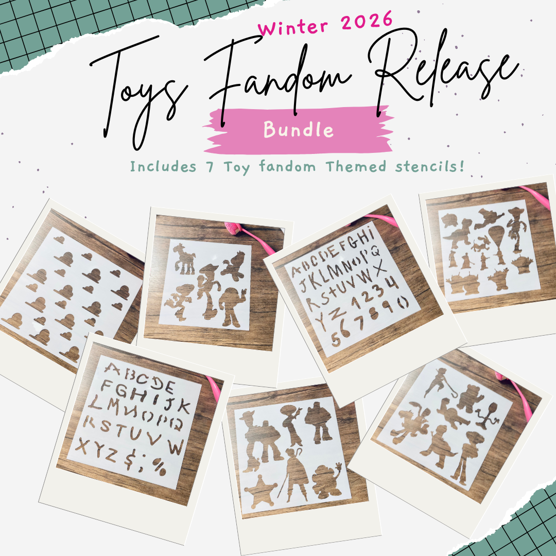 white torn paper over green and black plaid background.   On the paper are 7 polaroids filled with stencils.   Stencils in polaroids are: cloud pattern, 4 toy stencils, and 2 child like font stencils.  

Text: winter 2026 Toys Fandom Release Bundle.  Includes 7 toy fandom themed stencils