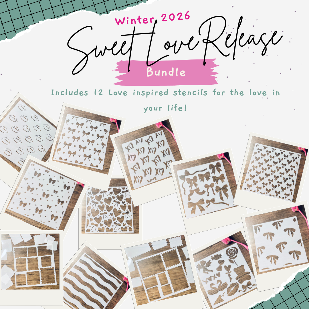 white torn paper over green and black plaid background.   On the paper are 12 polaroids filled with stencils.   Stencils in polaroids are: lips, 5 different bow patterns, an xo pattern, a heart and bow pattern, 2 postage stamp sets, a wavy pattern, and a valentine's day pattern.

Text: winter 2026 Sweet Love Release Bundle Includes 12 love inspired stencils for the love in your life!