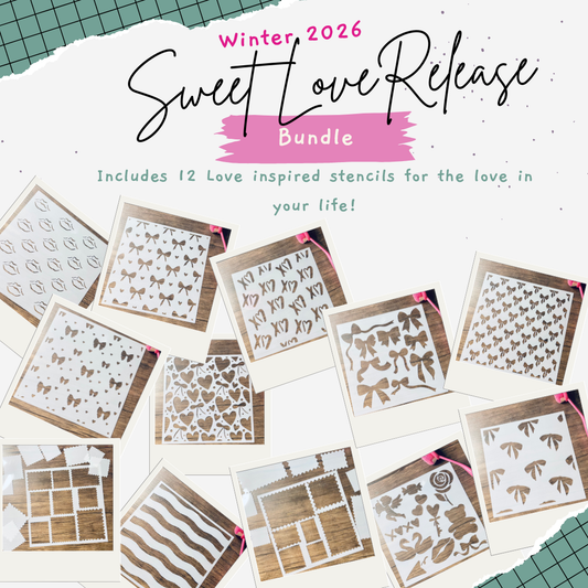 white torn paper over green and black plaid background.   On the paper are 12 polaroids filled with stencils.   Stencils in polaroids are: lips, 5 different bow patterns, an xo pattern, a heart and bow pattern, 2 postage stamp sets, a wavy pattern, and a valentine's day pattern.

Text: winter 2026 Sweet Love Release Bundle Includes 12 love inspired stencils for the love in your life!