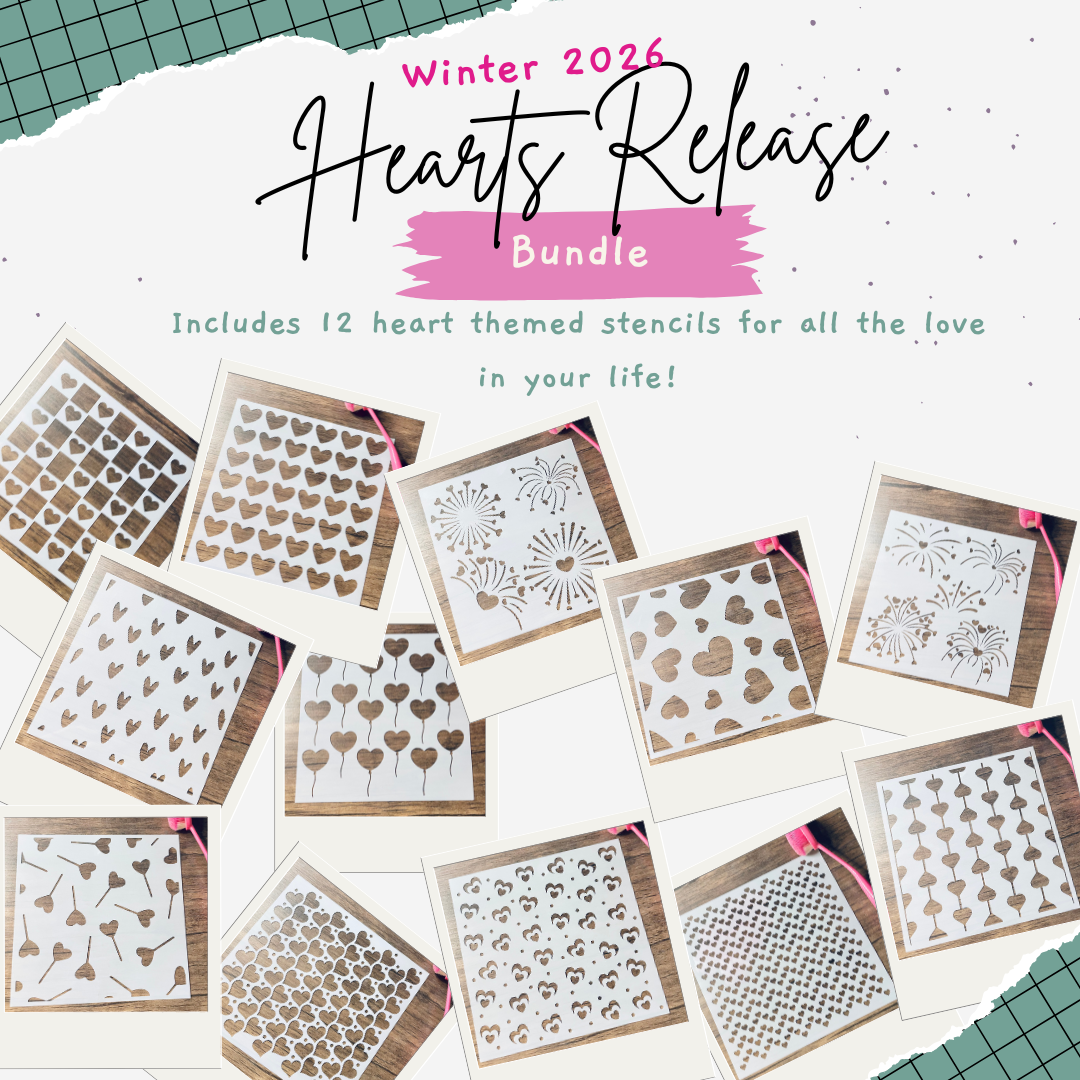 Text: Winter 2026 Hearts Release bundle. Includes 12 Heart themed stencils for all the love in your life!  Graphic has a light background with green plaid rips at each corner and 12 polaroids with the 12 heart stencils included in this bundle.