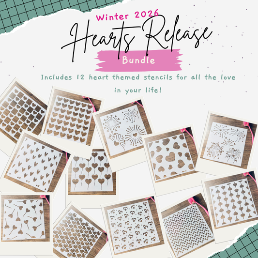 Text: Winter 2026 Hearts Release bundle. Includes 12 Heart themed stencils for all the love in your life!  Graphic has a light background with green plaid rips at each corner and 12 polaroids with the 12 heart stencils included in this bundle.