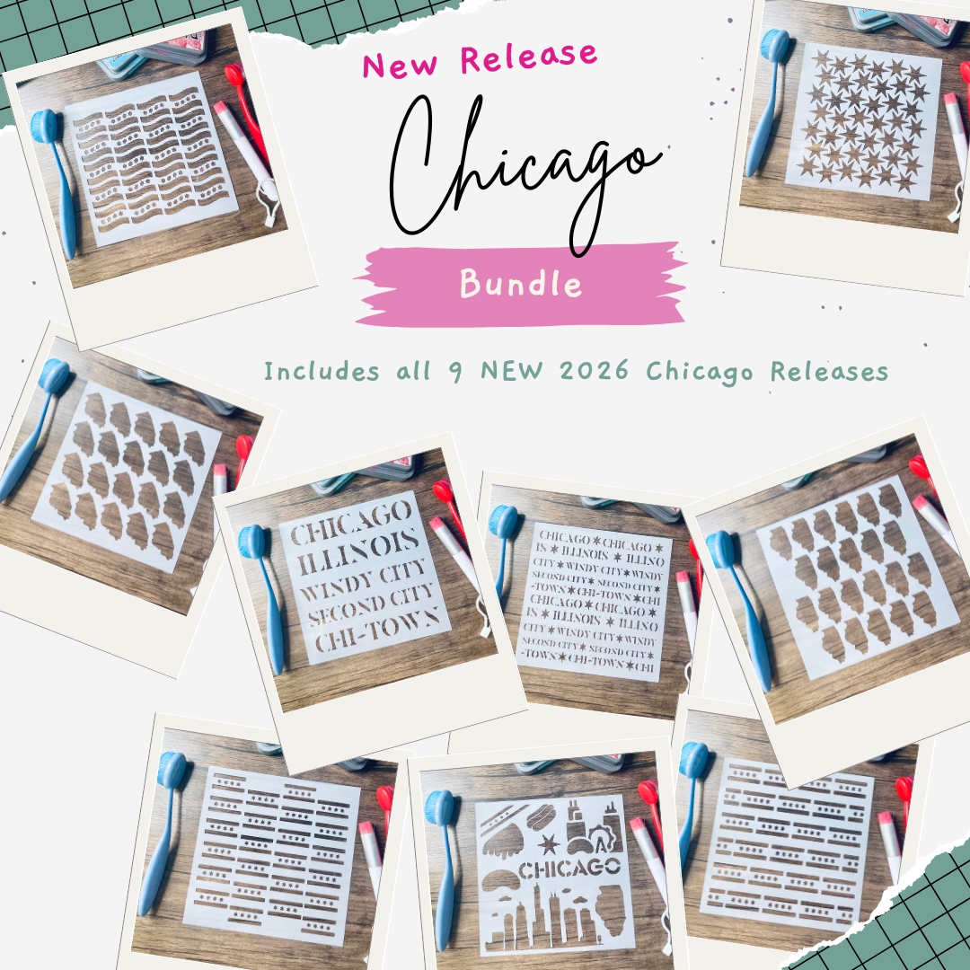 Promotional collage for a 'New Release Chicago Bundle' showing multiple sample stencil designs arranged around central text on a white background. The designs include city names, street text, and Chicago-themed graphics, with blue and red tools visible in some samples.