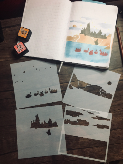 Lake Crossing 4 piece scene maker Stencil /Inking cover  Planner/Bullet Journal/Art Journal/Inking Stencil